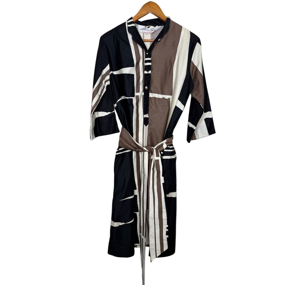 Vintage Katherine Ogust Dress Womens Sz Medium Art Print Belted Shirt Dress 80s